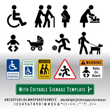 Accessibility signage that includes handicap, seniors (elderly), pregnant woman, changing diaper room, baby, stroller, kids playing zone, pets must be on leash, with vector editable signage template.