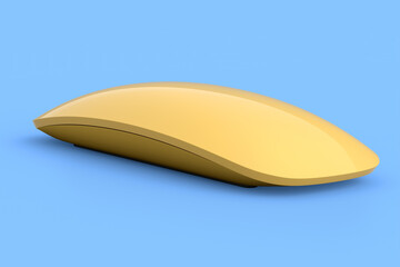Realistic gold wireless computer mouse with touch isolated on blue background.