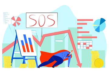 Hero near money, financial crisis, vector illustration. Falling profit graph, sos sign for economic finance, investment, wealth. Business man