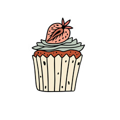 Cupcake doodle handdrawn vector illustration in boho colors. Isolated vector design for web and print. 