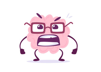 Vector Creative Illustration of Emotional Angry Pink Human Brain Character on White Background. Flat Doodle Style Knowledge Concept Design of Brain in Glasses