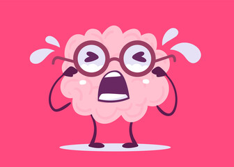 Vector Creative Illustration of Emotional Crying Pink Human Brain Character on Color Background. Flat Doodle Style Knowledge Concept Design of Unhappy Brain in Glasses with Tear