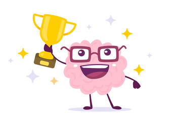 Vector Creative Illustration of Happy Champion Brain in Glasses with Golden Winner Cup on White Color Background. Flat Doodle Style Knowledge Concept Design of Happy Human Brain Character