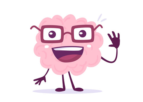 Vector Creative Illustration of Happy Pink Human Brain Character in Glasses with Smile Waves Hand in Greeting on White Background. Flat Doodle Style Knowledge Concept Design of Happy Brain