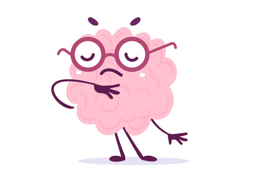 Vector Creative Illustration of Thoughtful Pink Human Brain Character in Glasses on White Background. Flat Doodle Style Knowledge Concept Design of Inspired by Muse Brain