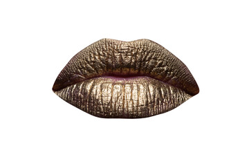 Sexy lips. Closeup sexy beautiful female golden lips isolated. Gold lipstick.
