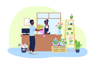 Customer at flower kiosk 2D vector isolated illustration