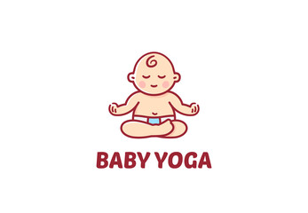 Cute cartoon baby meditating in Lotus pose for yoga studio emblem logotype design template with lettering.