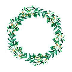 Fototapeta na wymiar Christmas watercolor wreath. Mistletoe and leaves with yellow little berries in a decorative round frame, isolated on white background.