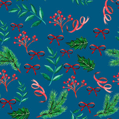Fototapeta na wymiar Seamless pattern with watercolor Christmas elements. Leaves, berries, ribbons and red tied bows. On a deep blue background. 