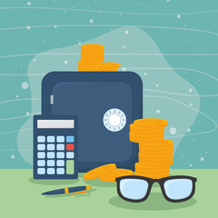 strongbox calculator coins pen and glasses