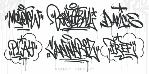 Abstract Handwritten Hip Hop Urban Street Art Graffiti Style Words Vector Illustration Set