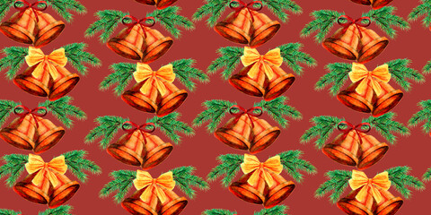Seamless pattern with watercolor Christmas elements. bells and fir tree branches. On a dark red background. 