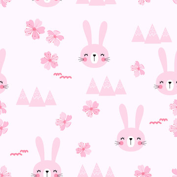 Seamless pattern with bunny rabbit face with on pink background vector.