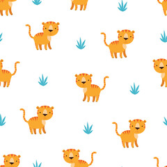Cute cartoon tigers seamless pattern. - 458745083