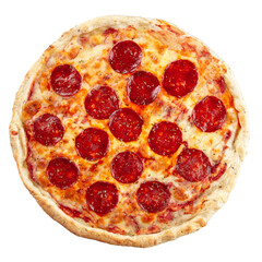 Isolated fresh pepperoni pizza with salami on white background