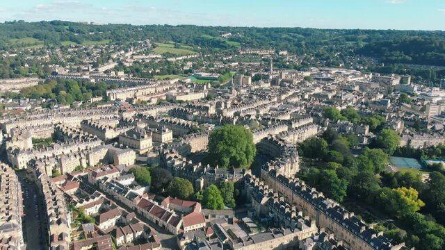 Aerial drone shot of streets with Georgian houses in The Circus, Bath, Somerset, UK