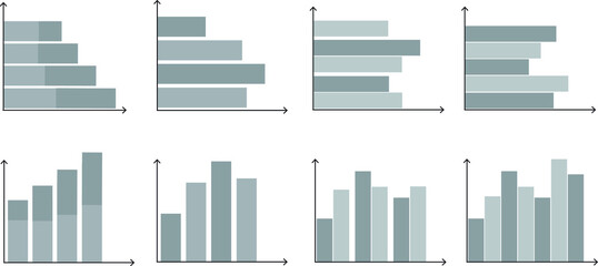 Grey scale vector of eight bar charts running both horizonal and vertical. Finance, statistics, data. 