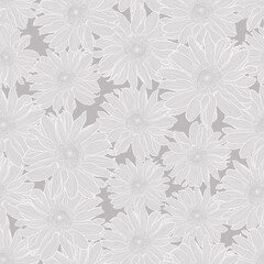 Floral seamless pattern of light grey chamomile flowers with white outline on grey background. Decorative print for wallpaper, wrapping, textile, fashion fabric or other printable covers.