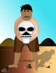 A man holding a skull in a remote area 