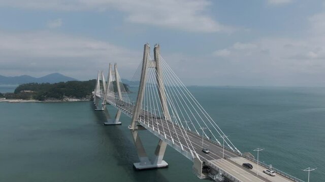 Aerial view of Geoga Bridge connecting Geoje Island and Gadeok Island, South Korea. May, 2021. 거가대교.