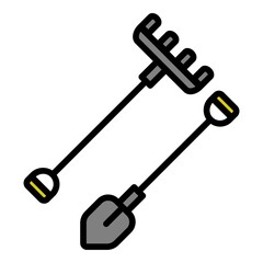 Farm rake and shovel icon. Outline farm rake and shovel vector icon color flat isolated