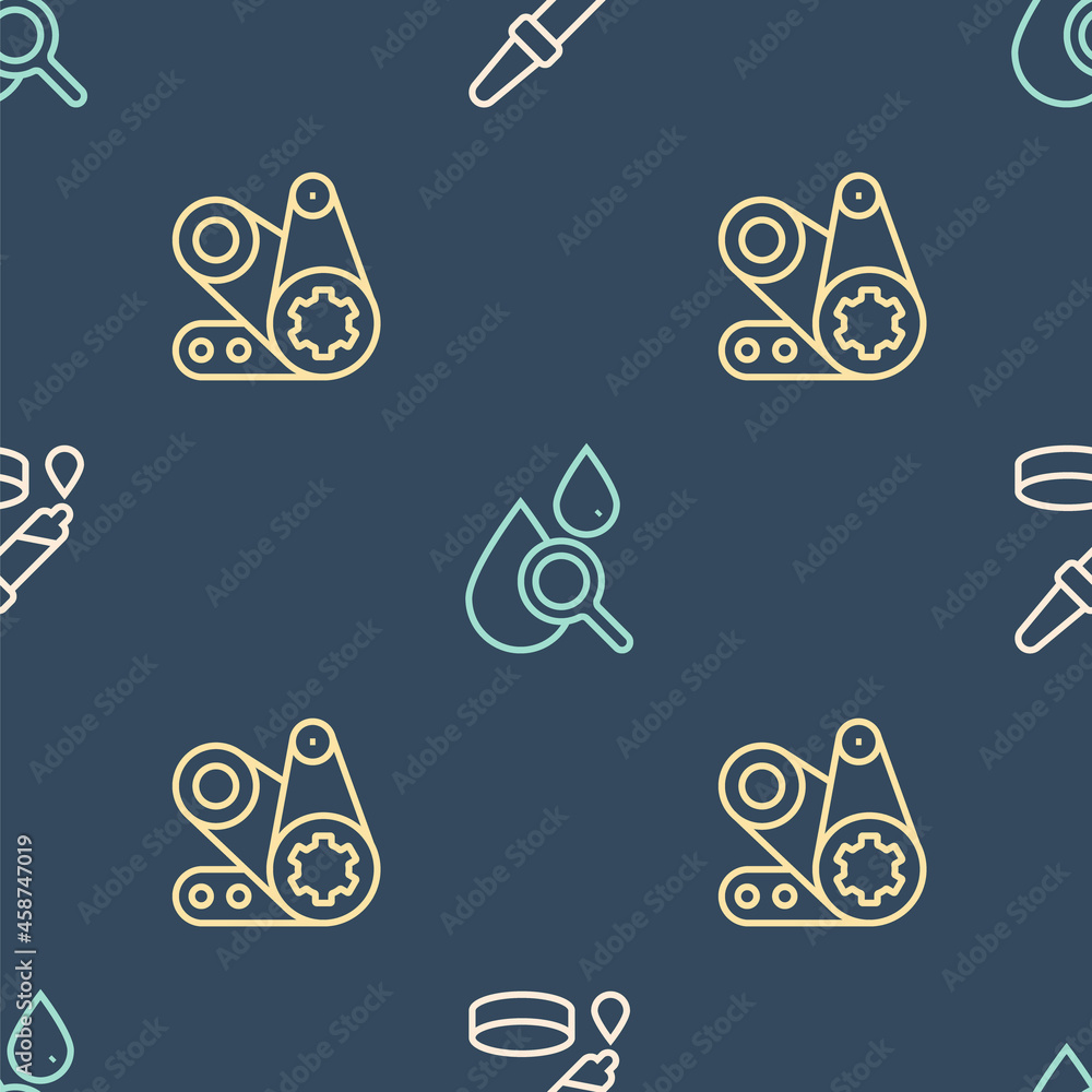 Poster set line pipette, timing belt kit and drop and magnifying glass on seamless pattern. vector