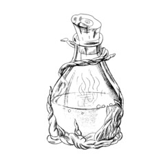 A hand-drawn sketch of a bottle with a magic potion. Vector vintage illustration. Drawing with an ink pen. Halloween vector illustration.