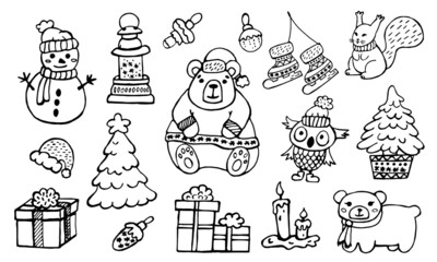 Set of winter doodle black outline illustration. New Year's gifts, a bear in a hat, an owl, candles, figure skates, a squirrel. Christmas vector illustration for your design.