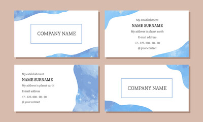 Business card template. Business card with watercolors in blue tones. Perfect for individual entrepreneurs, small and large businesses, enterprises. Vector illustration.