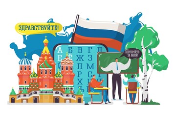 Russia foreign language school, vector illustration, tiny flat man woman character learn russian, study education near huge country flag.