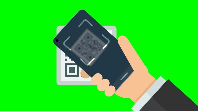 A hand scans a qr code tag with his smartphone and finds a valid result on green background (flat design)