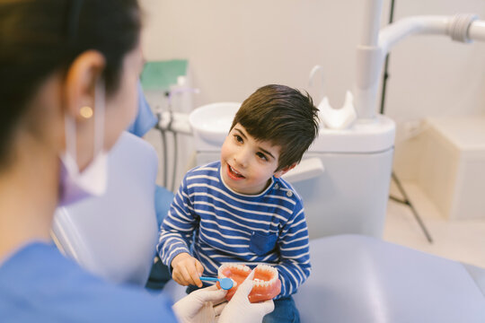 Female orthodontist teaching patient with toothbrush to brush teeth on jaw model
