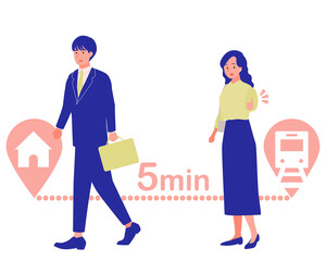 駅から5分の便利な住宅に住む若い男女のイラスト