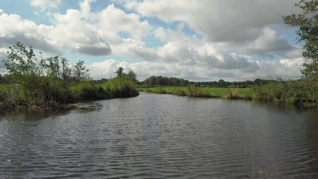 Nature scenery at the Weerribben-Wieden National Park in Overijssel the Netherlands. POV sailing through wetlands