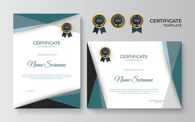 Certificate of appreciation template, gold and green color. Clean modern certificate with gold badge. Certificate border template with luxury and modern line pattern. Diploma vector template