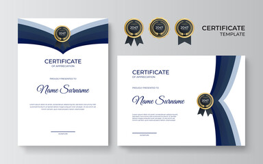 Modern blue certificate. Certificate of appreciation template, gold and blue color. Clean modern certificate with gold badge. Certificate border template with luxury and modern line pattern.