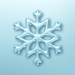 Three dimensional shiny snowflake on blue background. Design element for Christmas greeting card