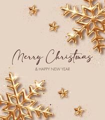 Christmas background with three dimensional golden snowflakes. Design element for greeting card