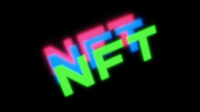 NFT crypto art background. Modern technologies, non fungible token concept. Digital artwork and blockchain. 3d rendering image.