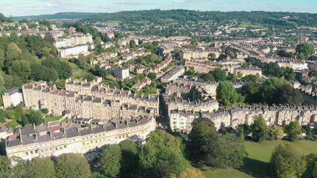 Aerial drone shot of streets with Georgian houses in Bath, Somerset, UK