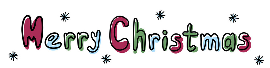 Merry Christmas lettering. Doodle text. New Year's winter illustration. Doodle. Vector. Lettering for decorating banners, social media, media posts. prints. doodle snowflakes.