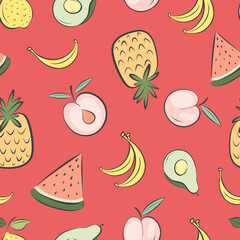 Bright trendy Seamless pattern with fruit mix. yellow pineapple, peaches, bananas and watermelon slices. illustrations in the style of Doodle