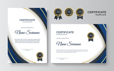 Premium gold and blue certificate of appreciation template, clean modern design with gold badge