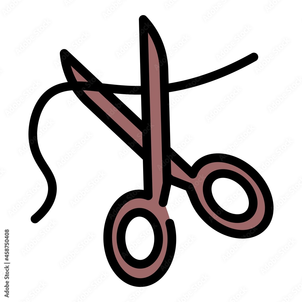 Poster scissors cut thread icon. outline scissors cut thread vector icon color flat isolated