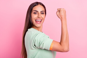Profile side photo of young woman happy positive smile coronavirus vaccination victory isolated over pink color background