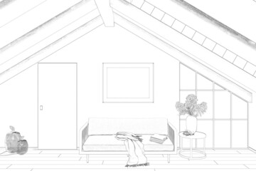 Sketch of the living room in the attic with a horizontal poster above the sofa, a vase of dried flowers on a coffee table, a partition, and openwork lamps next to the door, roof beams. 3d render