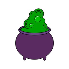 Vector illustration in cartoon style of a witch's cauldron with green bubbling potion. Design element icon for kids holiday cards posters banners