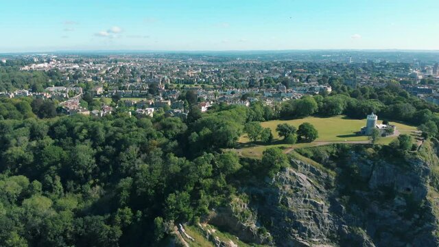 Aerial drone shot of Avon Gorge and the village of Clifton, Bristol, England