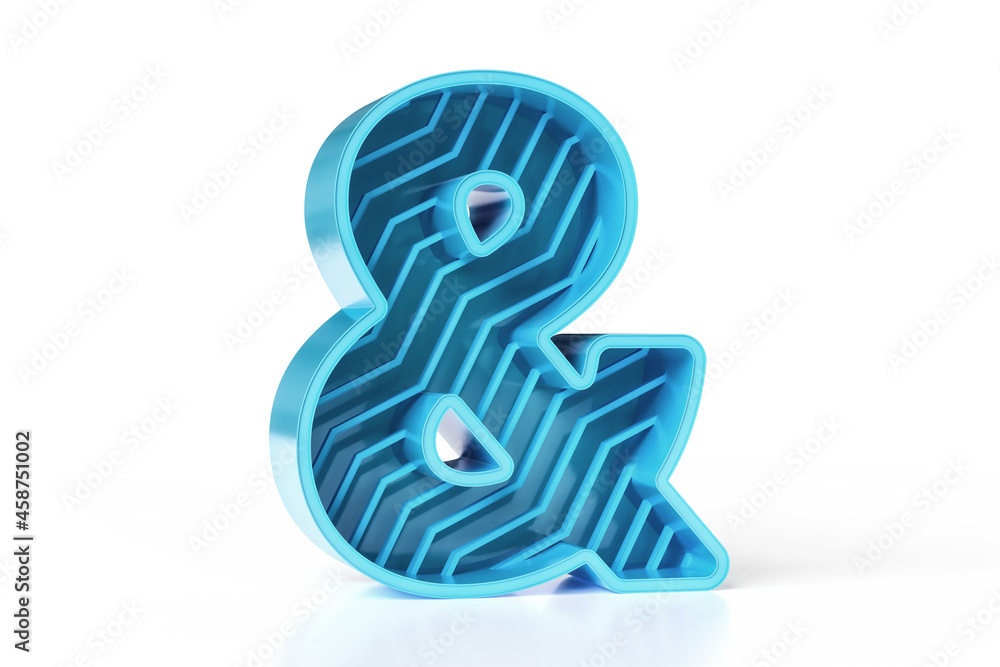 Poster 3d glossy blue metallic ampersand letter with zigzag decorative line pattern. technology and gaming 